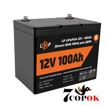 Акумулятор LogicPower LP LiFePO4 12V (12,8V) 100 Ah (1280Wh) (Smart BMS 100А) для ДБЖ, літій-залізо-фосфатний