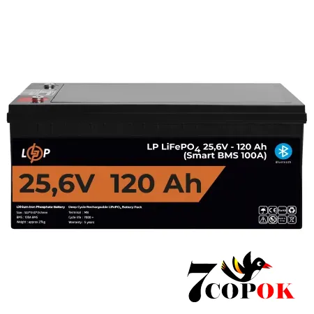 Акумулятор LogicPower LP LiFePO4 25,6V - 120 Ah (3072Wh) (Smart BMS 100А) з BT пластик для ДБЖ 24v, літій-залізо-фосфатний