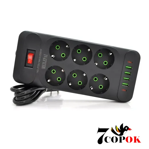 Сетевой фильтр Voltronic F33U 6 розеток EU + 4 USB + 2 PD 2 м Black
