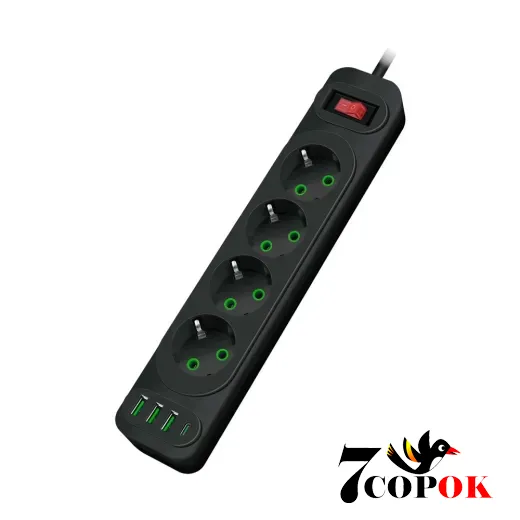 Сетевой фильтр Voltronic F24U 4 розетки EU + 3 USB + PD 2 м Black