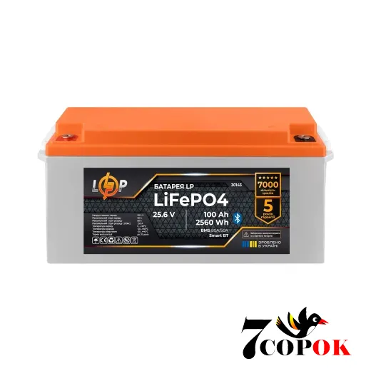 Акумулятор LogicPower LP LiFePO4 25,6V - 100 Ah (2560Wh) (BMS 80А/50) пластик Smart BT, літій-залізо-фосфатний