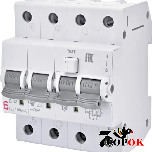 Дифференциальный автоматический выключатель ETI KZS-4M 3p+N C 32/0,03 тип AC (6kA) Диф автомат 32А