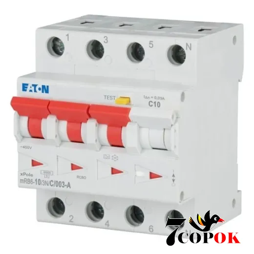 Дифференциальный автоматический выключатель Eaton mRB6-10/3N/C/003-A 3п Диф автомат 10А