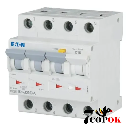 Дифференциальный автоматический выключатель Eaton mRB6-16/3N/C/003-A 3п Диф автомат 16А
