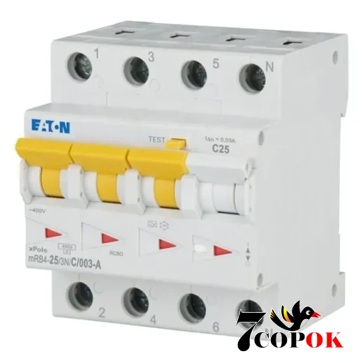 Диференційний автоматичний вимикач Eaton mRB4-25/3N/C/003-A 3п, Диф автомат 25А