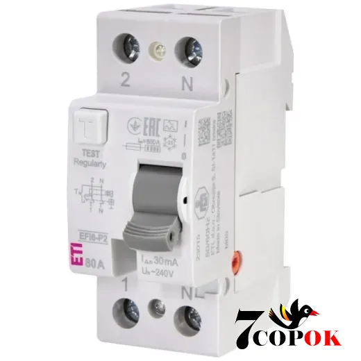 Дифференциальное реле ETI 2р EFI6-P2 63/0,03 тип A (6kA) УЗО 63А, купить
