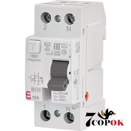 Дифференциальное реле ETI 2р EFI6-P2 16/0,03 тип A (6kA) УЗО 16А, купить