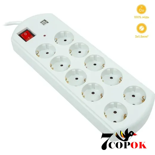 Сетевой фильтр PowerPlant 5м, 3x1.5мм2, 10А, 10 розеток, 2xUSB, євро, 100% мідь (YS-N6065/5)