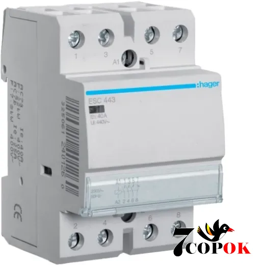 Контактор 40А Hager 40A, 3НВ+1НЗ, 230В (ESC443), купить в Украине
