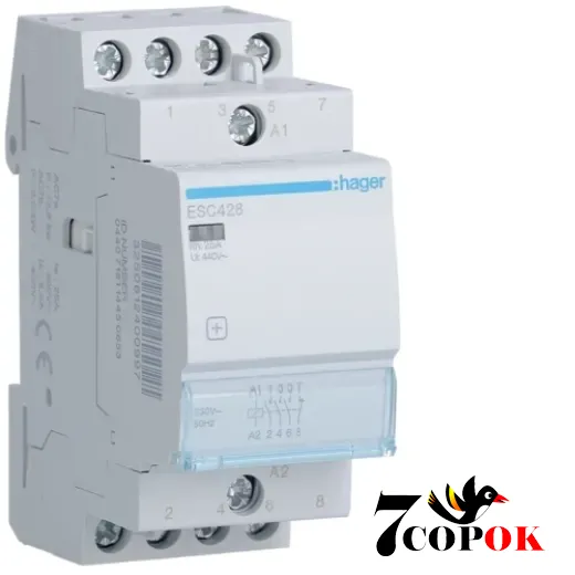 Контактор 25А Hager 25A, 3НВ+1НЗ, 230В (ESC428), купити в Україні