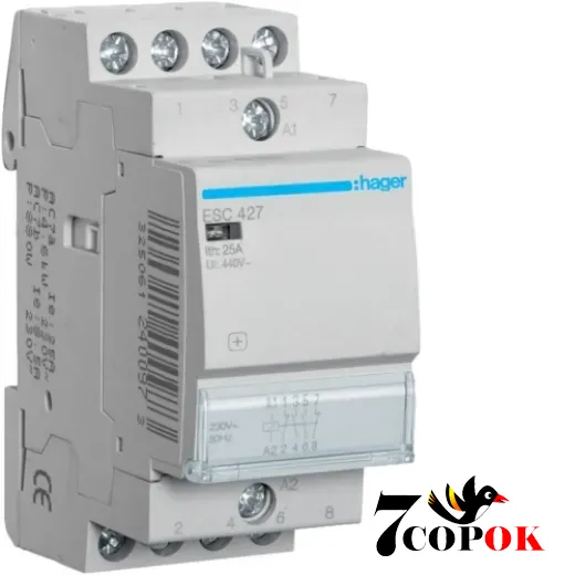 Контактор 25А Hager 25A, 2НВ+2НЗ, 230В (ESC427), купити в Україні