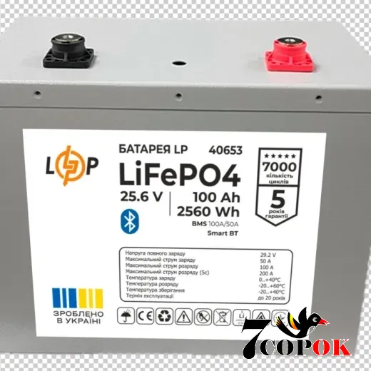 Акумулятор LogicPower LP LiFePO4 25,6V - 100 Ah (2560Wh BMS 100A/50А) Метал Smart BT, літій-залізо-фосфатний